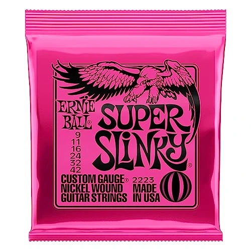 Ernie Ball Super Slinky 9–42 — Emballage du jeu de cordes correspondant à la référence.