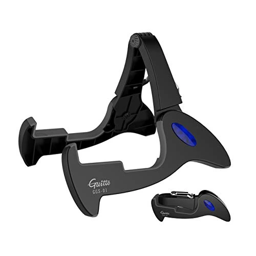 Guitto GGS-01, support pliable — Support ouvert et vue de détail du même support replié.